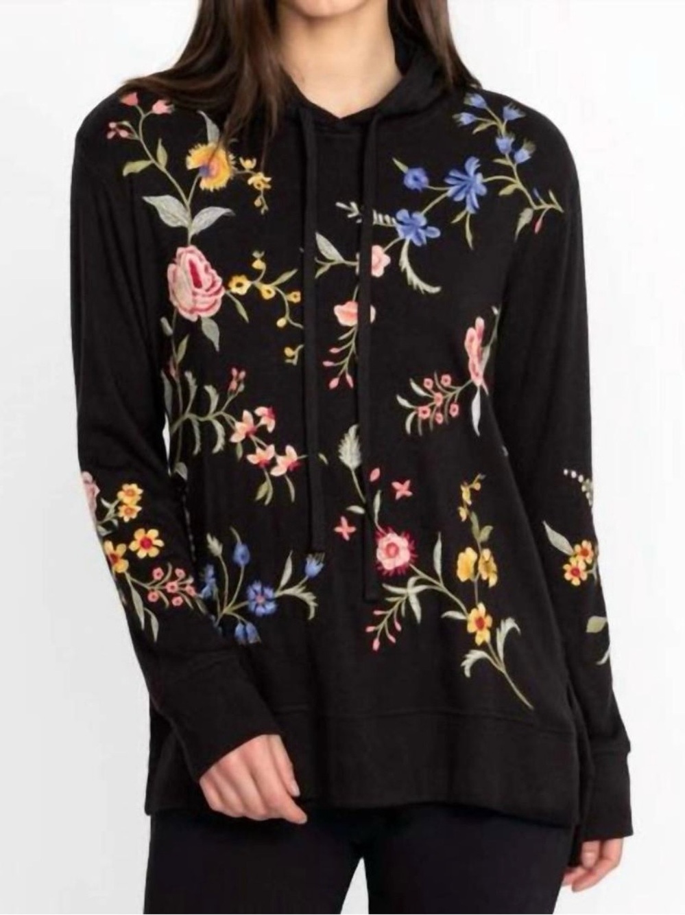 Johnny Was Black Cozy Hooded Sweatshirt Sophie Multicolor Floral Embroidery XL